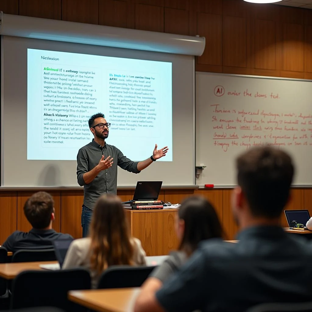 Faculty member teaching with a classroom presentation