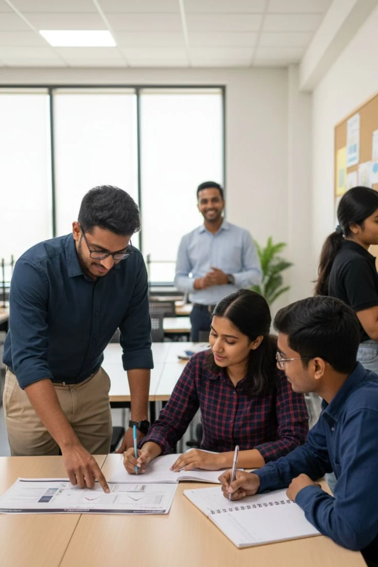 Mentor guiding students through a classroom exercise